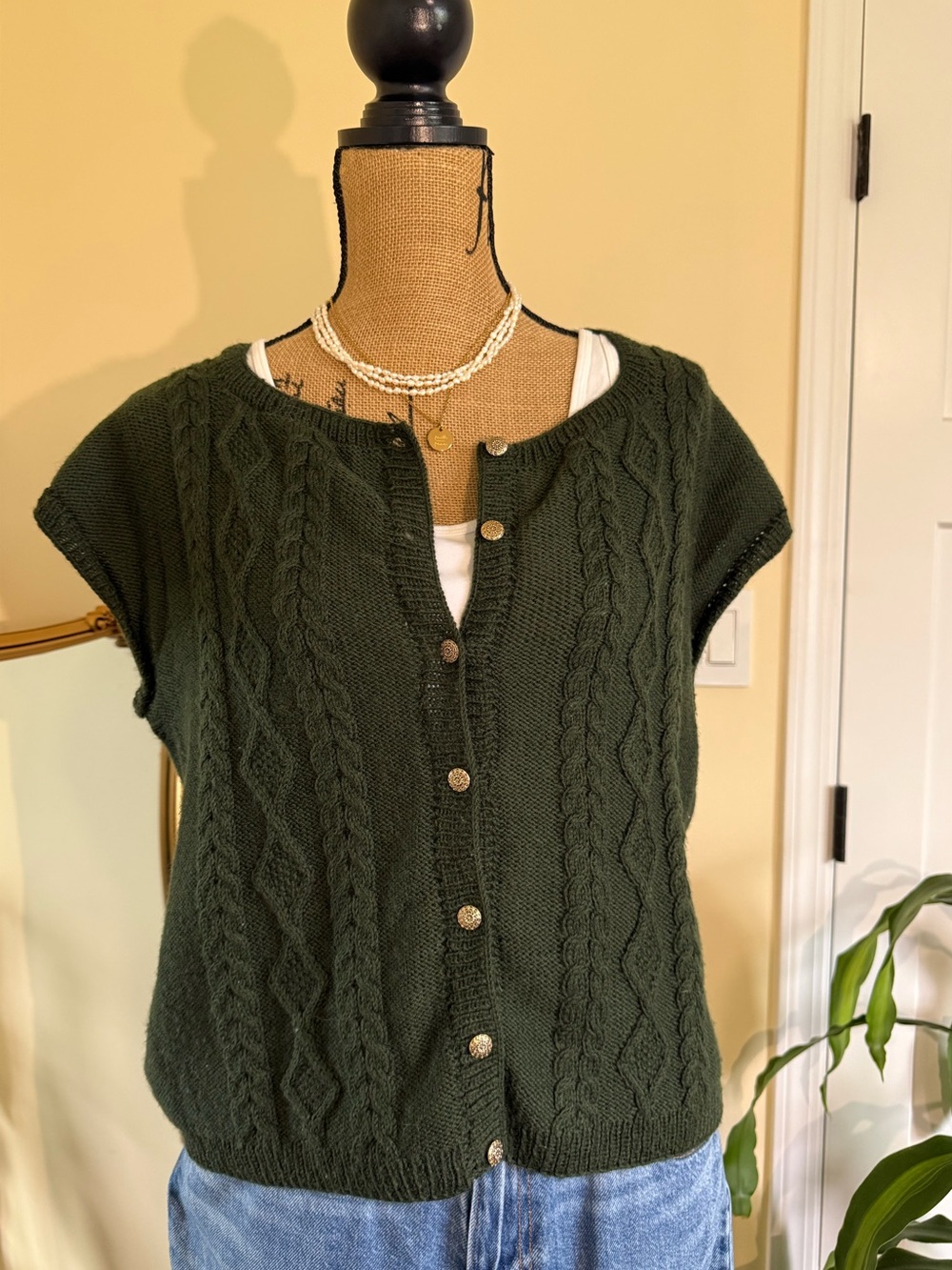 Dark Green Cable Knit Button-Front Women's Sweater Vest